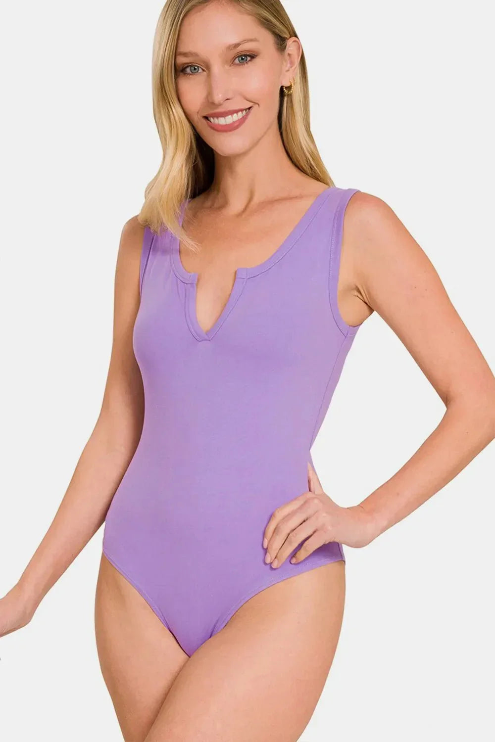 Zenana Microfiber Notched Sleeveless Bodysuit - VILLA FASHION